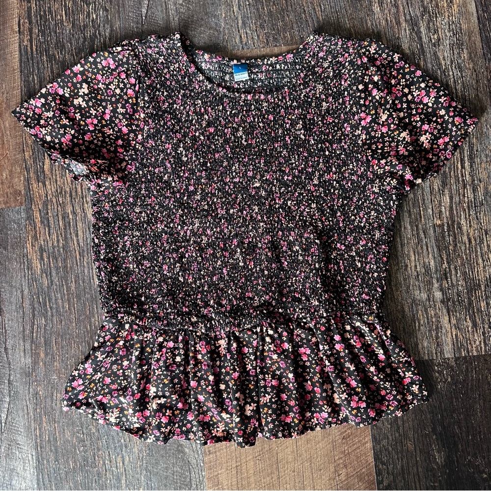 Old Navy Black Floral Smocked Peplum Top